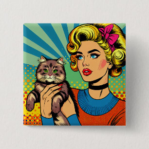 Cartoon Comic Pop Art Women Holding Cat 2 Inch Square Button