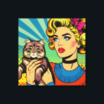Cartoon Comic Pop Art Women Holding Cat Canvas Print<br><div class="desc">Retro pop art comic style art done with a midcentury vibe woman holding a cute cat. Bright, colourful ai art.</div>