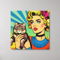 Cartoon Comic Pop Art Women Holding Cat