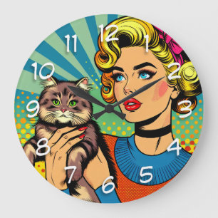 Cartoon Comic Pop Art Women Holding Cat Large Clock