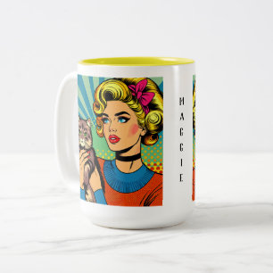 Cartoon Comic Pop Art Women Holding Cat Two-Tone Coffee Mug