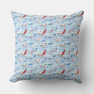 Cartoon commercial airplanes seamless pattern fabr throw pillow