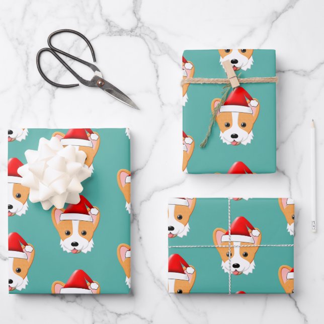Cartoon Corgi Christmas Santa Hat Wrapping Paper Sheet (Front)