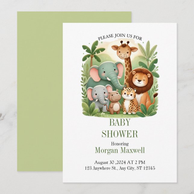 Cartoon cosy Safari Animaux Baby shower Invitation (Devant / Derrière)
