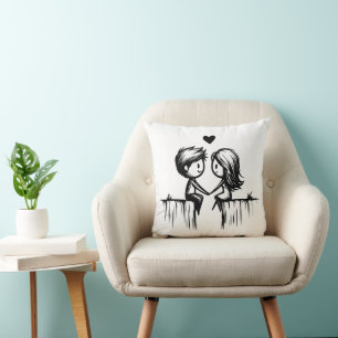  Cartoon Couple & Hearts Throw Pillow