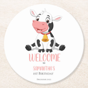 Cartoon Cow Baby birthday party Round Paper Coaster