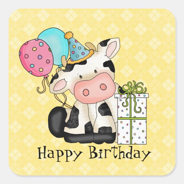 Cartoon Cow Birthday Party Sticker (Front)