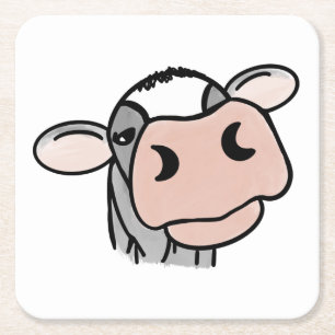 cartoon cow black white pink kiss grey farm animal square paper coaster