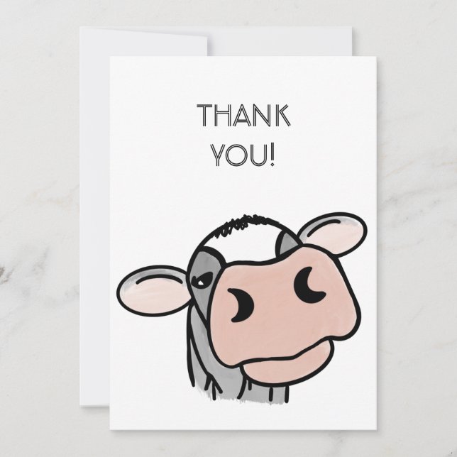 cartoon cow black white pink kiss grey farm animal thank you card (Front)