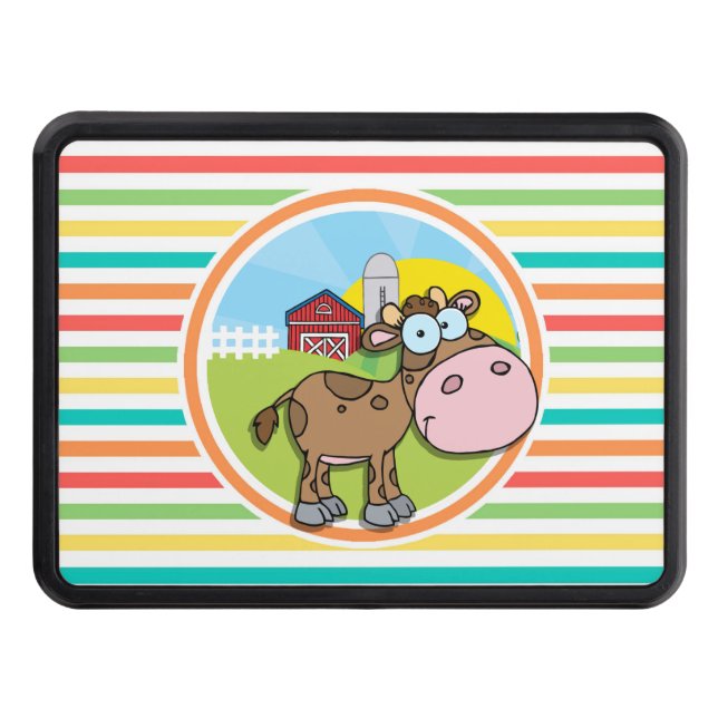 Cartoon Cow; Bright Rainbow Stripes Trailer Hitch Cover (Front)