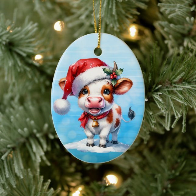 Cartoon Cow in Santa Hat Personalized Christmas Ceramic Ornament (Tree)