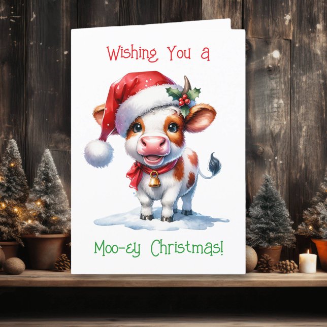 Cartoon Cow in Santa Hat Personalized Christmas Holiday Card (Creator Uploaded)