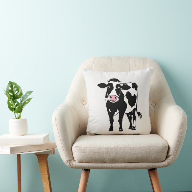 Cartoon Cow On White Throw Pillow (Chair)