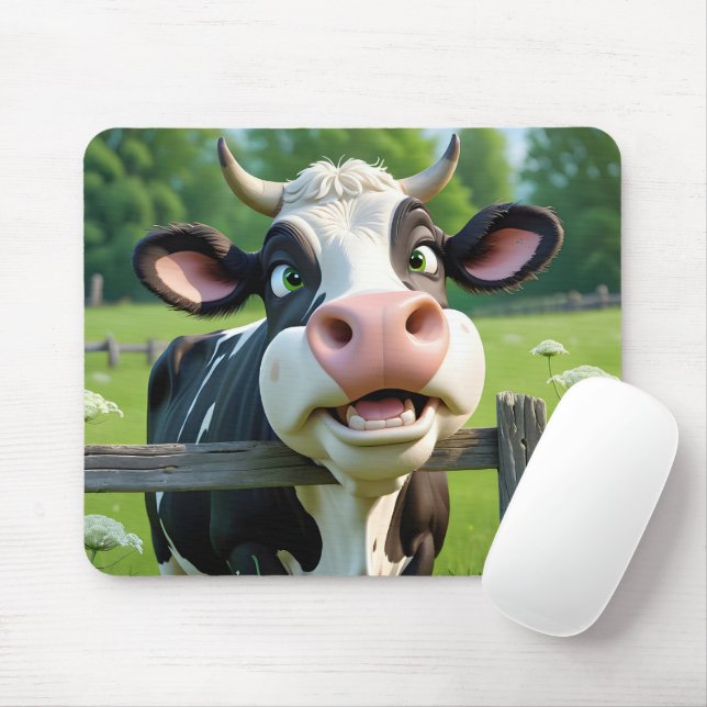 Cartoon Cow Peering Over a Fence Mouse Pad (With Mouse)