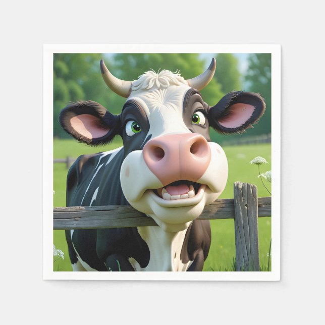 Cartoon Cow Peering Over a Fence Napkin (Front)