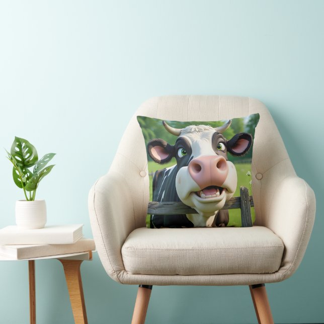 Cartoon Cow Peering Over a Fence Throw Pillow (Chair)