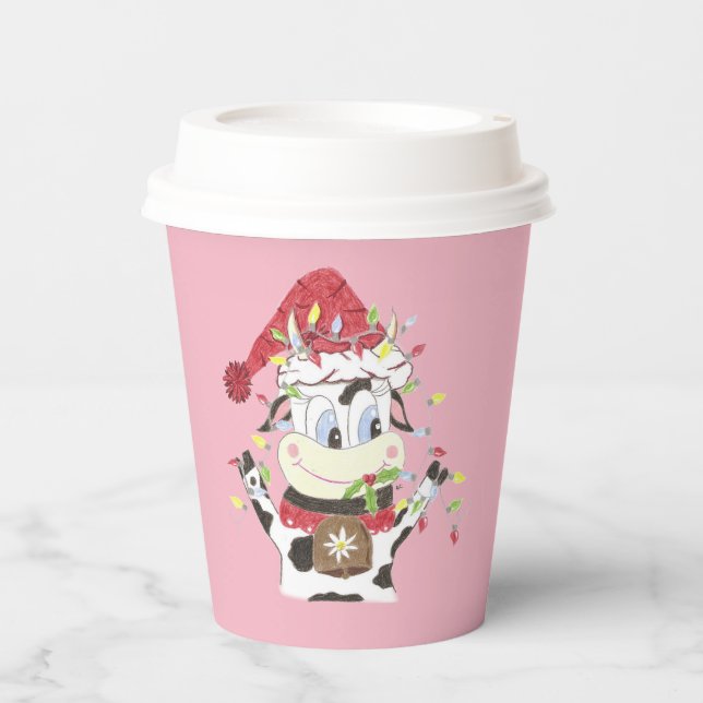 Cartoon Cow Tangled in Christmas Lights Paper Cups (Front)