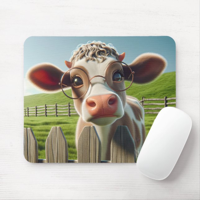 Cartoon Cow With Eyeglasses Mouse Pad (With Mouse)