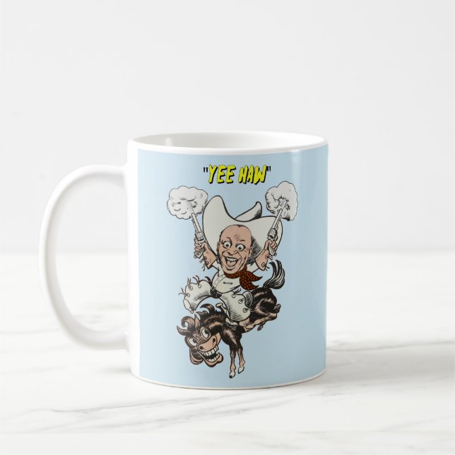 Cartoon cowboy shooting pistols riding horse art  coffee mug (Left)