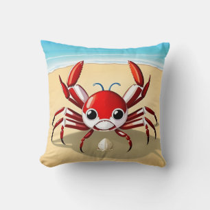 Cartoon Crab on Tropical Beach Throw Pillow