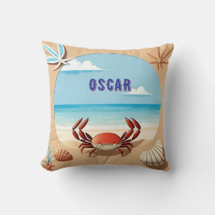Cartoon Crab on Tropical Beach Throw Pillow