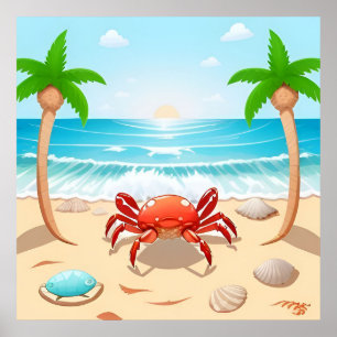 Cartoon Crab, Palm Trees, and Seashells🦀Cute Poster