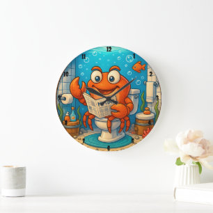 Cartoon Crab Reading in Underwater-themed Bathroom Large Clock