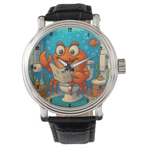 Cartoon Crab Reading in Underwater-themed Bathroom Watch
