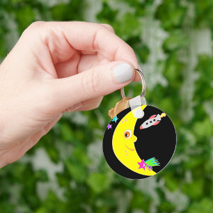 Cartoon Crescent Moon and Space Rocket Keychain