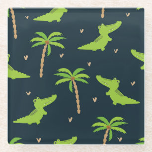 Cartoon Crocodiles: Alligator Palms Pattern. Glass Coaster