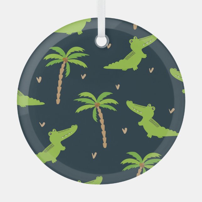 Cartoon Crocodiles: Alligator Palms Pattern. Glass Ornament (Front)