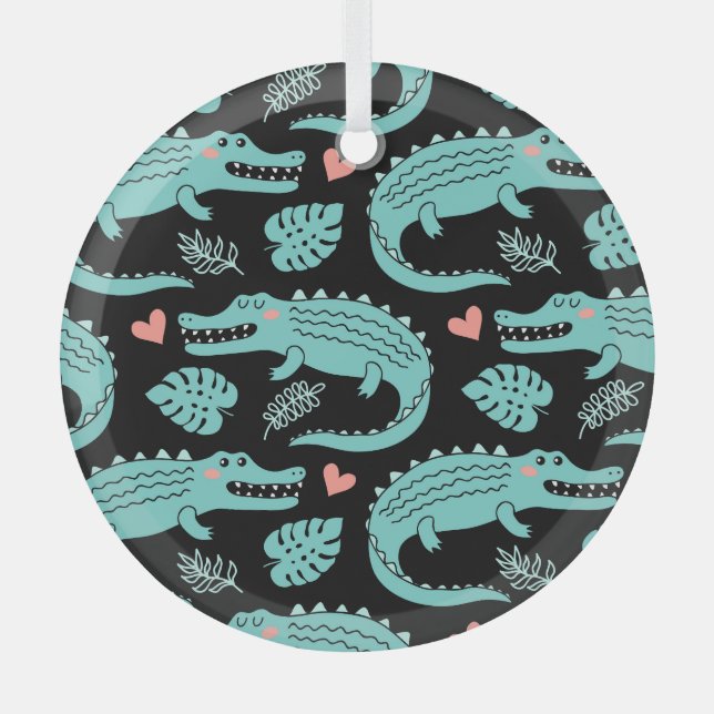 Cartoon crocodiles, cute seamless pattern. glass ornament (Front)