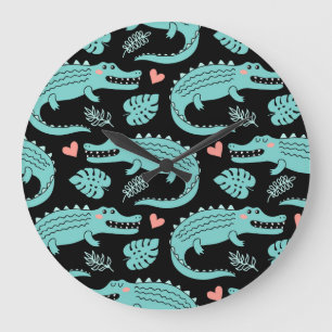 Cartoon crocodiles, cute seamless pattern. large clock