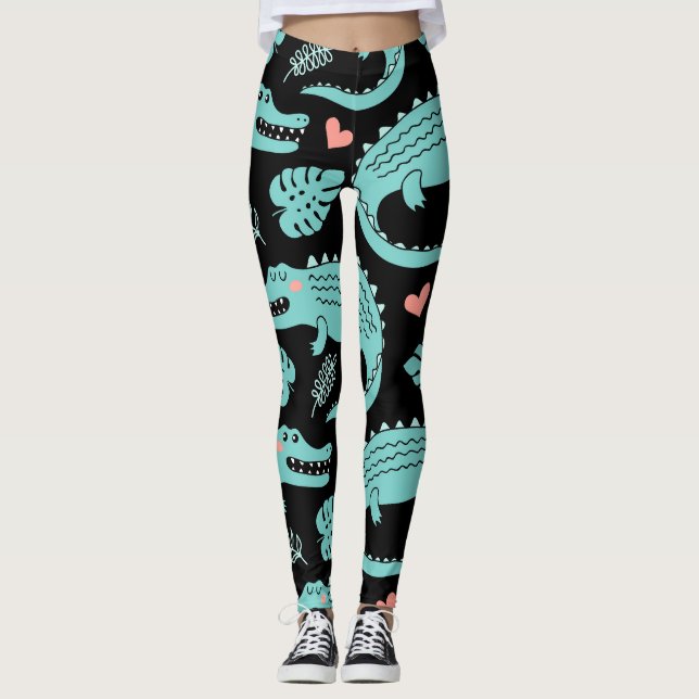 Cartoon crocodiles, cute seamless pattern. leggings (Front)