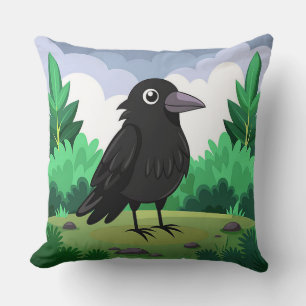 Cartoon crow Gothic Black Bird Aesthetic Throw Pillow