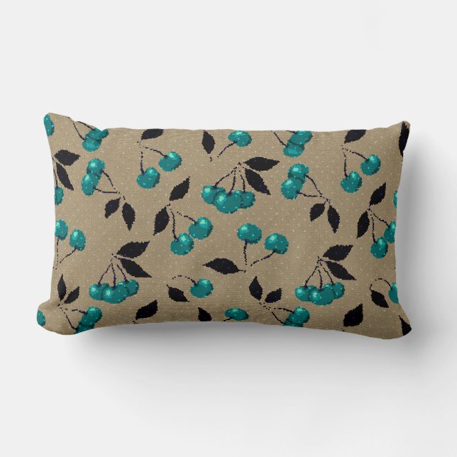 Cartoon cute blue cherry berry black leaves beige lumbar pillow (Front)
