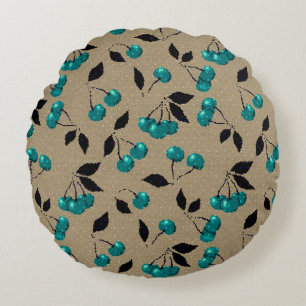 Cartoon cute blue cherry berry black leaves beige round pillow