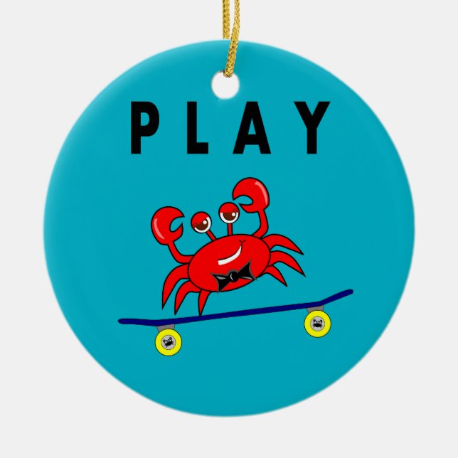 Cartoon Cute Crab on Skateboard Image Ceramic Ornament (Front)