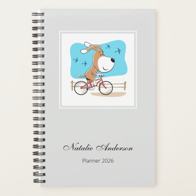 Cartoon Cute Dog Puppy Bicycle Riding Bike 2026 Planner (Front)