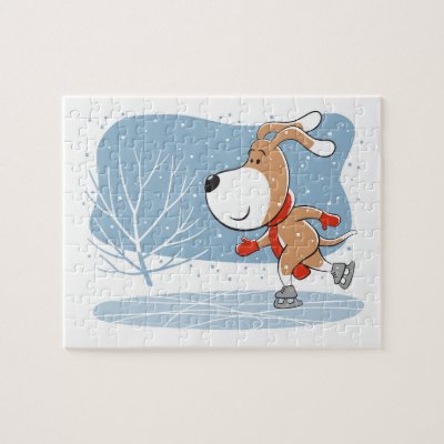 Cartoon Cute Dog Puppy Ice Skating Winter Snow