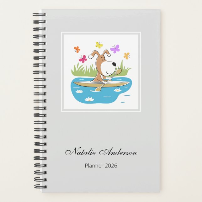 Cartoon Cute Dog Puppy Kayak Kayaking Sport 2026 Planner (Front)