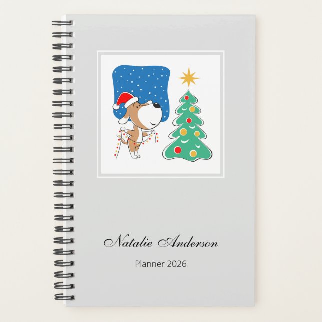 Cartoon Cute Dog Puppy Merry Christmas Tree 2026 Planner (Front)