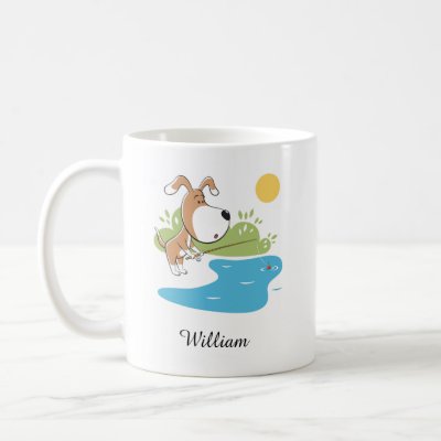 Cartoon Cute Funny Dog Puppy Fishing Sun Lake