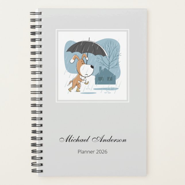 Cartoon Cute Funny Dog Puppy Rain Umbrella 2026 Planner (Front)