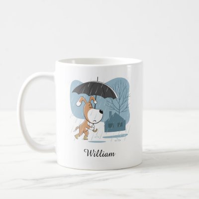 Cartoon Cute Funny Dog Puppy Walking Rain Umbrella
