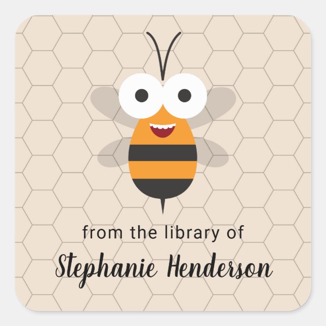 Cartoon Cute Funny Honey Bee Honeycomb Bookplate Square Sticker (Front)