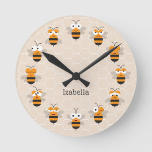 Cartoon Cute Funny Honey Bee Honeycomb Round Clock