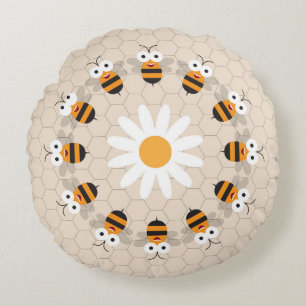 Cartoon Cute Funny Honey Bee Honeycomb Round Pillow