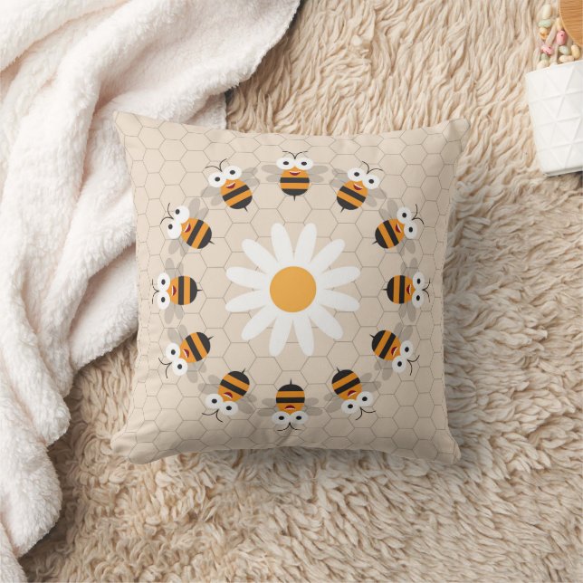 Cartoon Cute Funny Honey Bee Honeycomb Throw Pillow (Blanket)