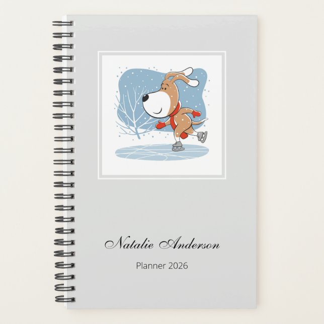 Cartoon Cute Ice Skating Dog Puppy Planner 2026  (Devant)